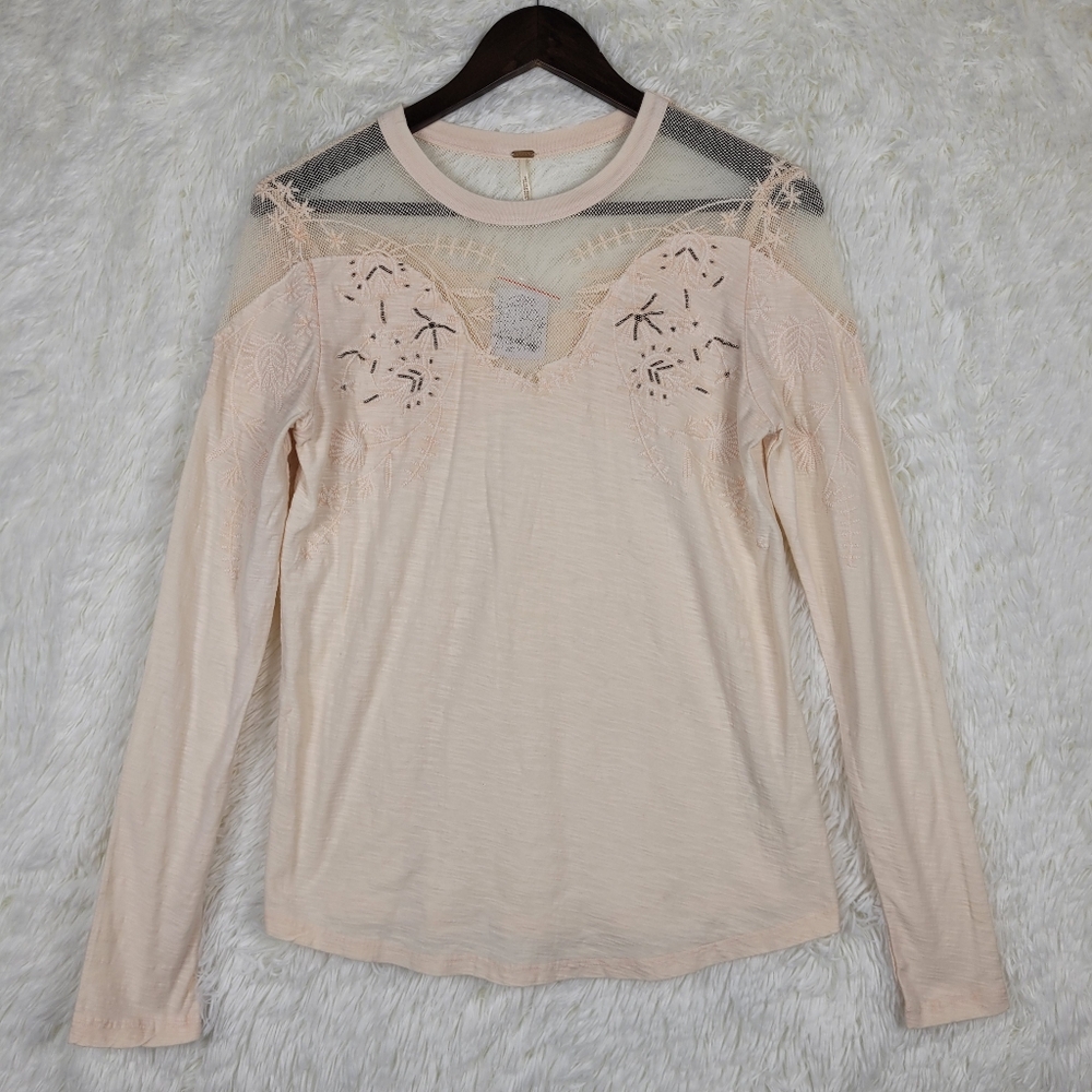 NWT Free People Sz S Pink Embellished Mischa Lace Mesh Top Coquette Beaded